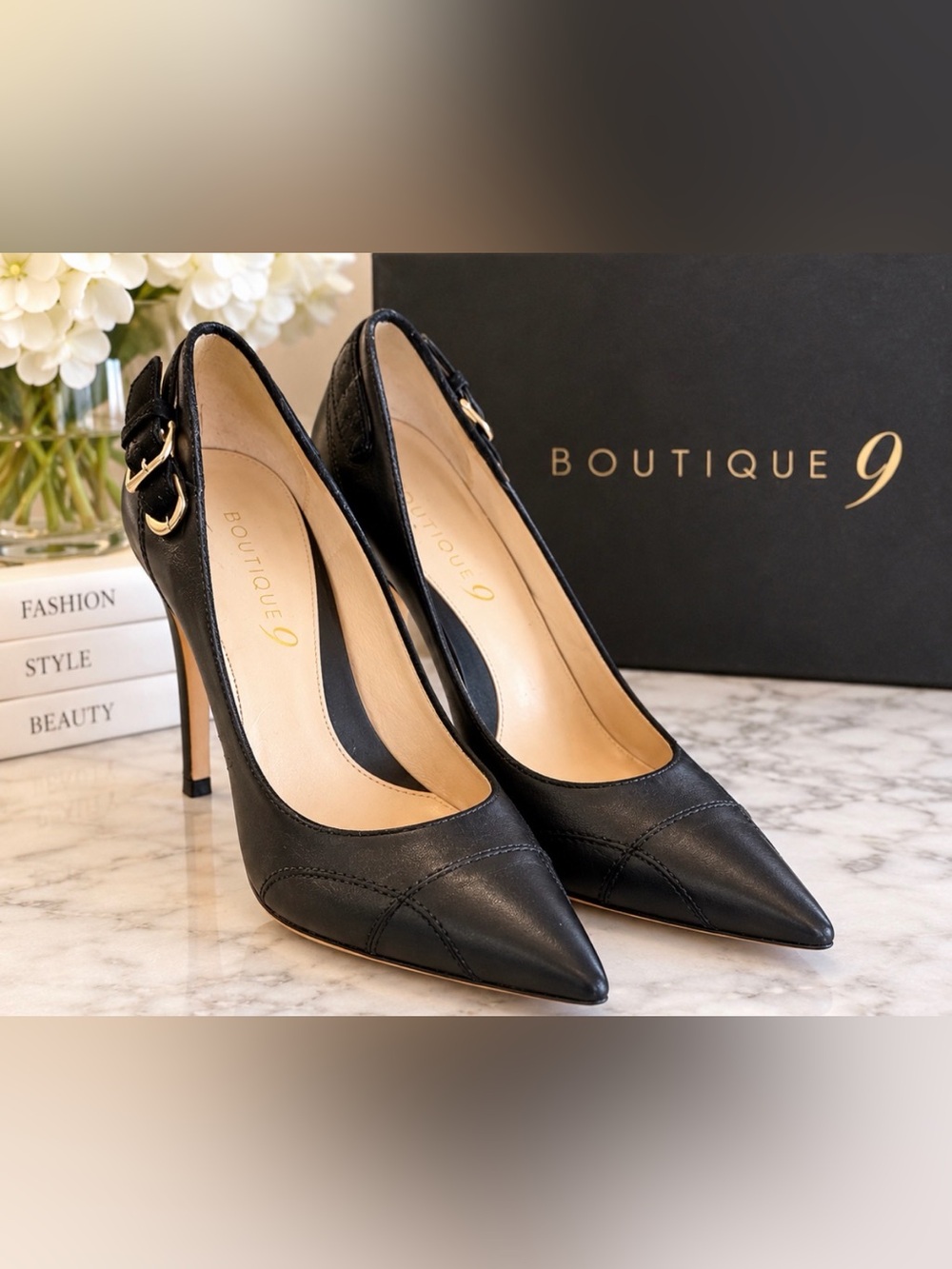 Boutique 9 Kelsey Black Leather Pointed Toe Stiletto Pumps Heels Size 7